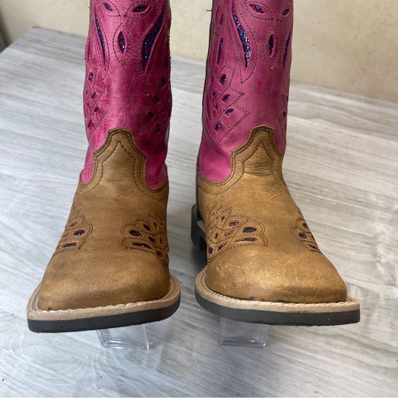 Shyanne Chloe Glitter Brown Pink Leather Square Toe Western Boots Girl’s Size 6 - Picture 5 of 13